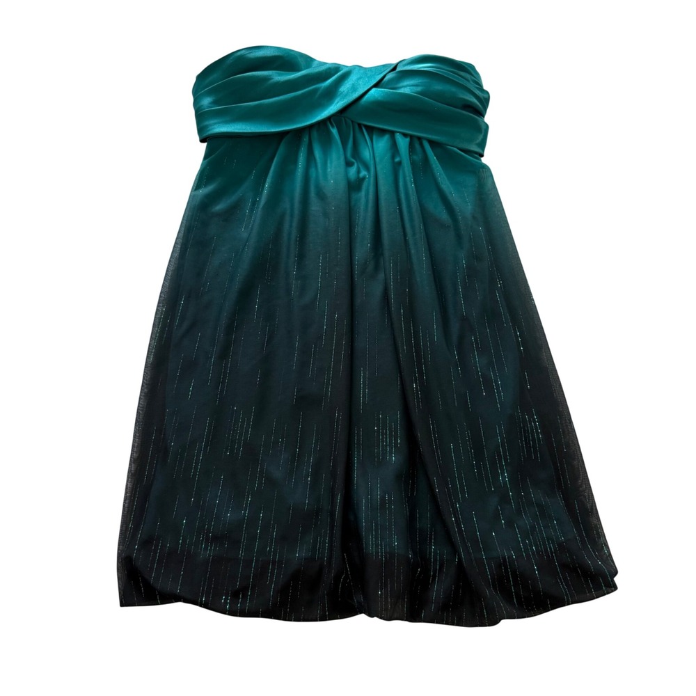 Jump Apparel Cocktail Dress Womens 3/4 Teal Ombre Glitter Strapless Bubble Hem